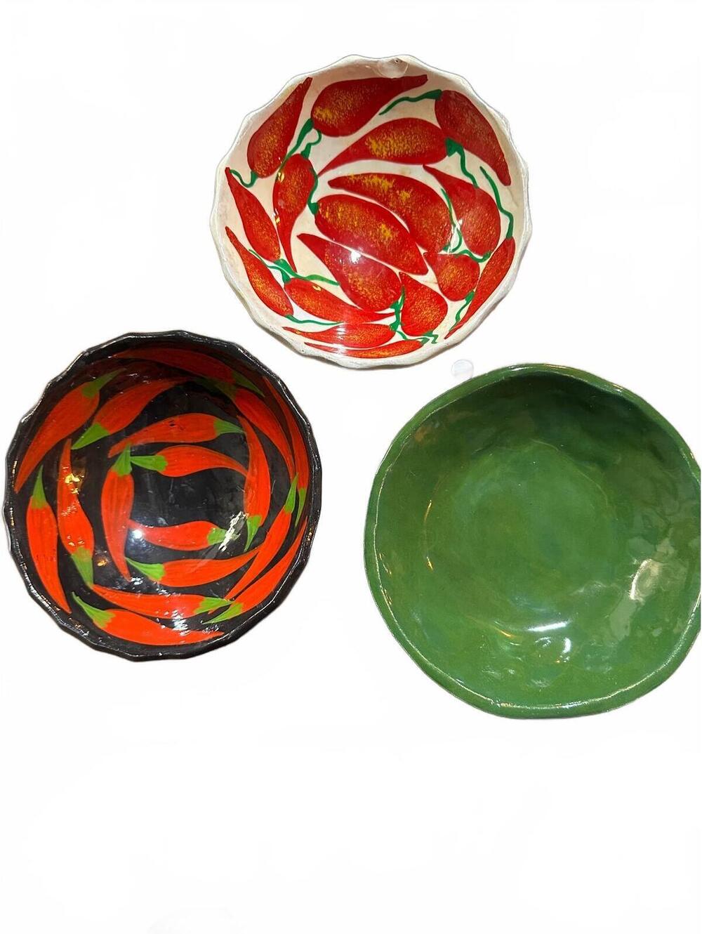 3 Mexican Folk Art Footed Chili Pepper Pottery Bowls